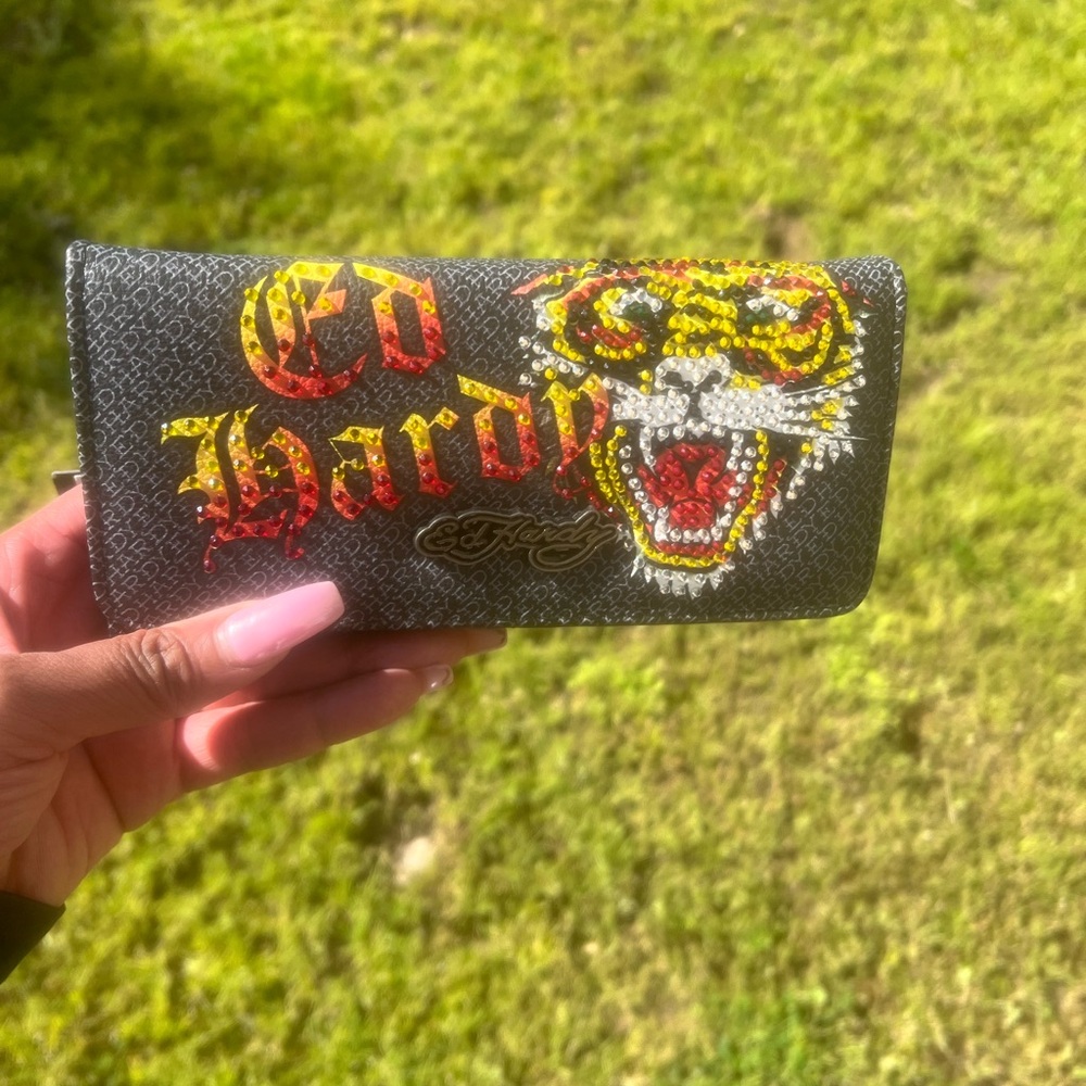 Ed Hardy Black Wallet with Yellow-Red Tiger Embroidery